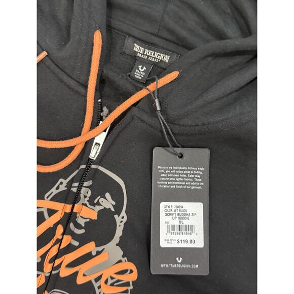 True Religion Men's Hoodie Sweater XL Black Orange Happy Buddha Logo NWT - Picture 6 of 6